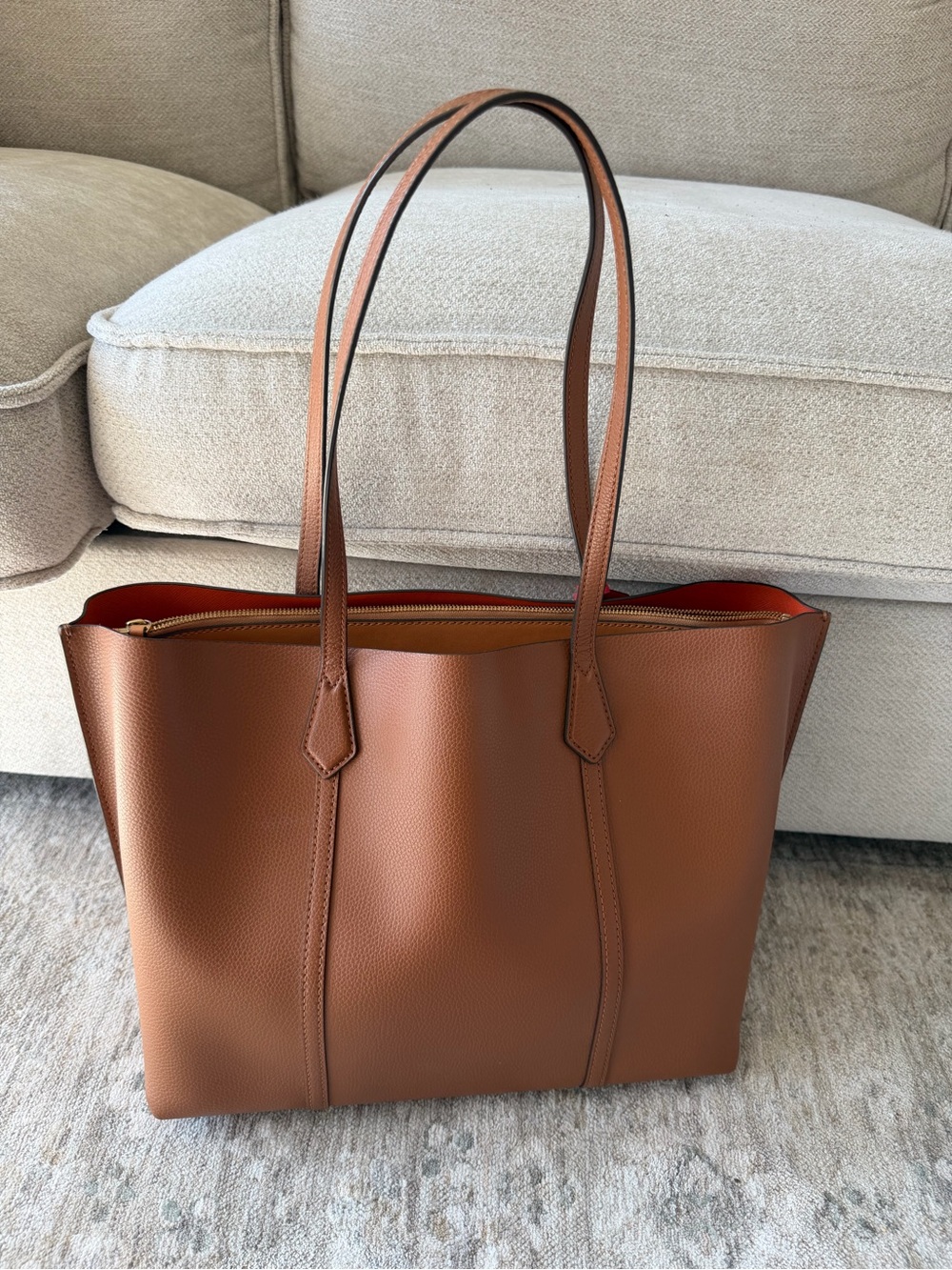TORY BURCH Structured Cognac Brown Leather Tote with Double Shoulder Straps